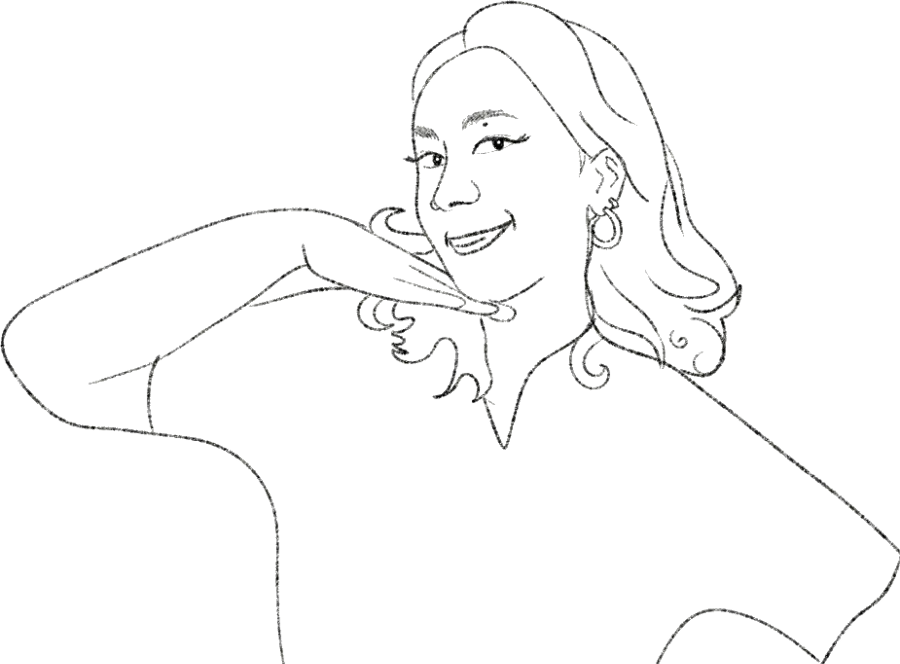Pencil sketch of Medha smiling, chin resting on her hand