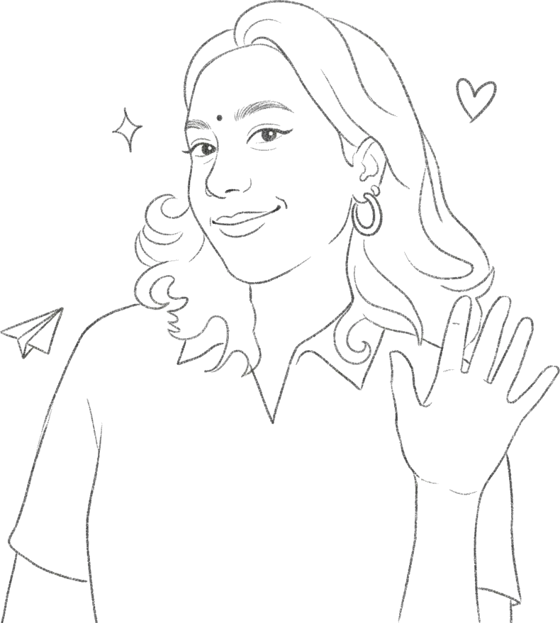 Pencil doodle of Medha waving hello, with a paper plane, sparkle and heart